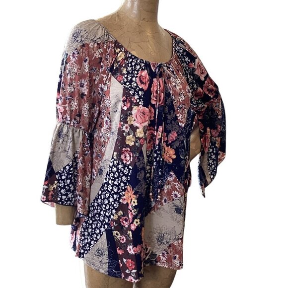 Naif Mixed Print Floral Patchwork BOHO Peasant Top Sz L #21M - Picture 1 of 7